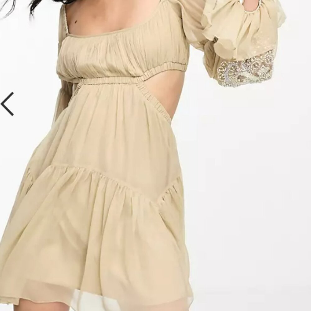 Embellished square neck elasticated mini dress with contrast embroidery in stone